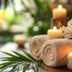 Spa setting featuring rolled towels, lit candles, and white orchids arranged on a wooden surface, surrounded by lush green plants, creating a serene and relaxing atmosphere