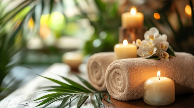 Spa setting featuring rolled towels, lit candles, and white orchids arranged on a wooden surface, surrounded by lush green plants, creating a serene and relaxing atmosphere