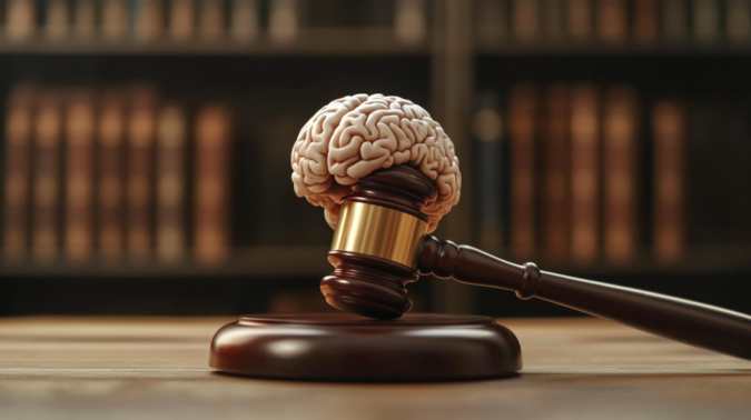 A Judge's Gavel Resting on A Model of A Human Brain Atop a Wooden Block, Symbolizing Legal Considerations in Brain Injury Cases