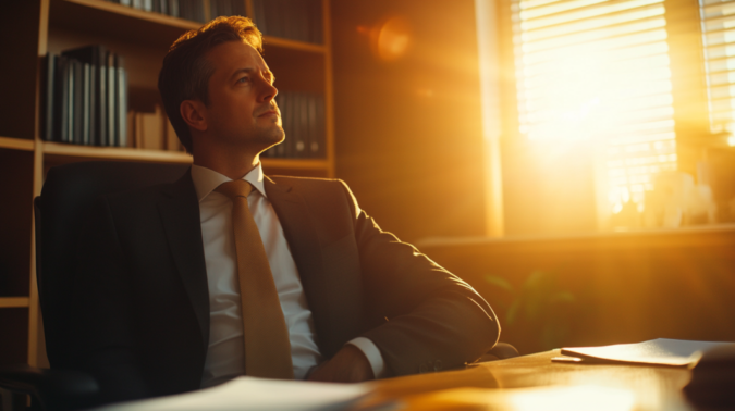 A Lawyer Sitting Thoughtfully at His Desk in An Office Filled with Warm Sunlight, Possibly Contemplating Legal Strategies or The Implications of The Statute of Limitations