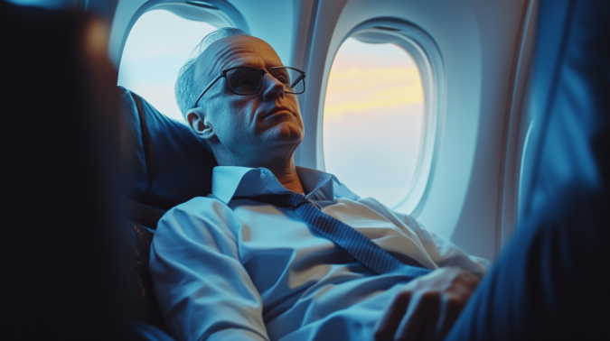 A Man Wearing Glasses and A Business Shirt Is Sitting in An Airplane Seat, Appearing Tired and Resting with His Eyes Closed During a Flight