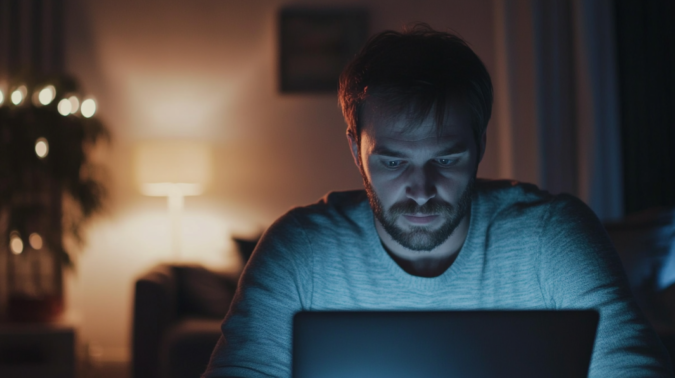 A Man Focuses Intently on His Laptop Screen in A Dimly Lit Room, Researching how To Learn CPR Online