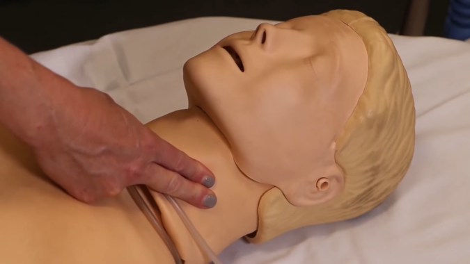 A Person Practicing Chest Compressions on A CPR Training Mannequin