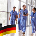 german healthcare system, showed with healthcare workers and german flag