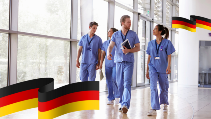 german healthcare system, showed with healthcare workers and german flag